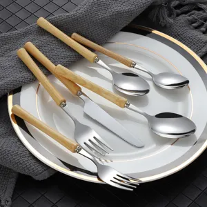 Japanese style 304 stainless steel tableware set with wooden handles fork knife spoon