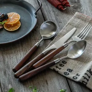 Japanese style 304 stainless steel flatware set with wooden handle knife fork and spoon