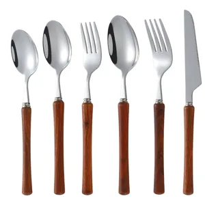 Japanese style 304 stainless steel flatware set with wooden handle kitchen dining cutlery.