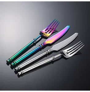 Detailed view of stainless steel western cutlery set, featuring sleek knife and fork designs.