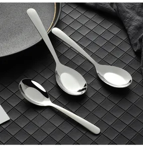 Stainless steel dinner spoon set, polished kitchen tableware, durable flat bottom soup spoon.