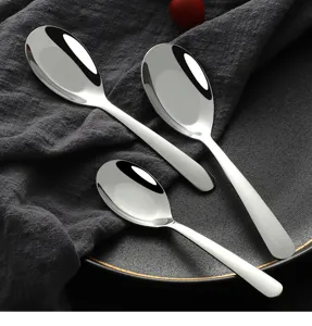 Stainless steel spoons detail view, polished tableware set for daily dining and dessert.