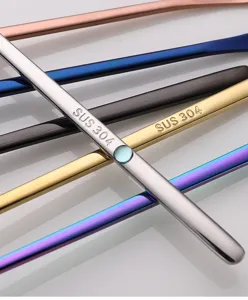 Long handle stainless steel mixing spoon detail view showing metal texture and multi-color options.