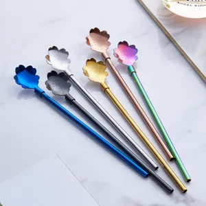 Cuillère Paille Créative en Acier Inoxydable Fleur de Cerisier Long Manche Cuillère à Remuer Cuillère Métal pour Boissons