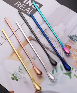Long handle stainless steel mixing spoon for coffee, dessert, and beverages, colorful set.