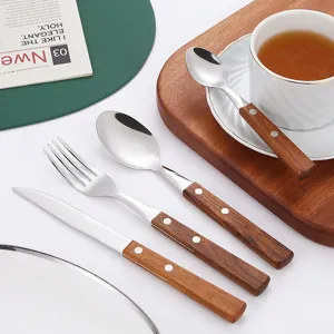 Roestvrijstalen bestekset met houten handvat keuken servies mes vork lepel set