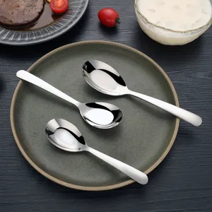 Stainless steel spoon set for home dining kitchen soup and flat bottom dessert use.