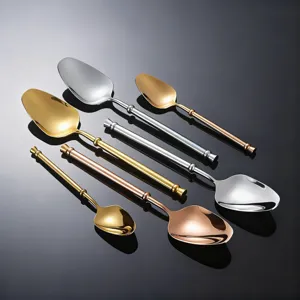 Premium 304 stainless steel cutlery spoons set, elegant gold silver and rose gold dessert spoons for dining.
