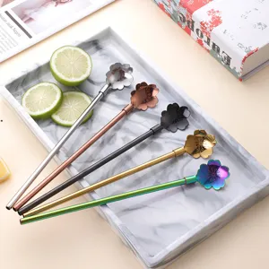 Cuillère paille fleur de cerisier en acier inoxydable agitateur métal boissons 5pcs