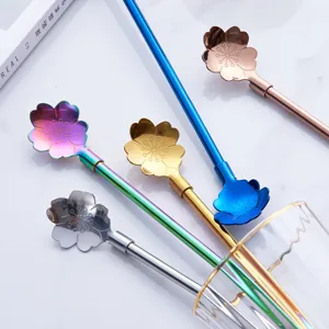 Cuillère paille fleur de cerisier en acier inoxydable 304 longue poignée pour thé au lait