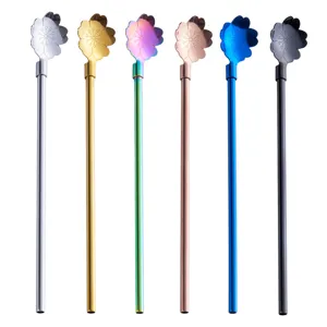 Paille cuillère en acier inoxydable avec motif fleur de cerisier, lot de 6 pailles en métal.