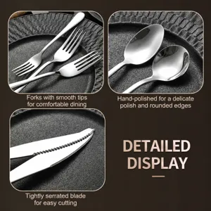 High quality stainless steel cutlery set including forks, spoons and steak knives for kitchen.