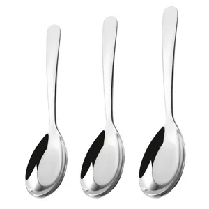 Set of three stainless steel dinner spoons, polished finish, durable for home and kitchen use.