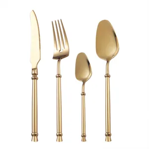 Luxury gold stainless steel flatware set, knife fork and spoon 4-piece kitchen tableware.