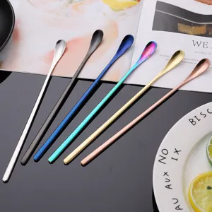 Stainless steel long handle mixing spoon set, elegant tableware for coffee, ice cream and beverages.