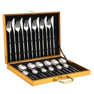 Stainless steel cutlery set 24 pieces silverware flatware with golden gift box for kitchen dining