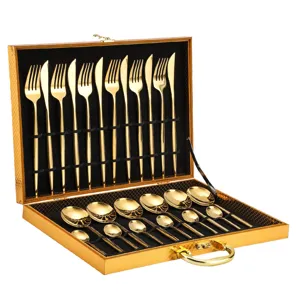 Luxury 24-piece gold stainless steel cutlery set with elegant gift box, perfect for table dining.