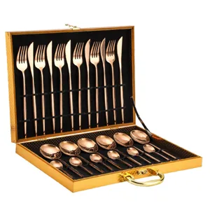 Stainless steel rose gold cutlery set 24 pieces in gift box detail view kitchen tableware