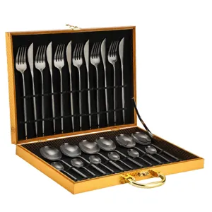 Stainless steel cutlery set with elegant gift box, perfect for home dining and kitchen use.