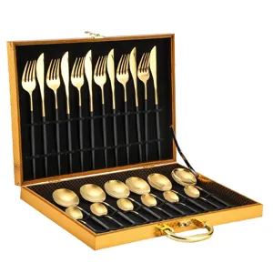 24-Piece Stainless Steel Cutlery Set with Gold Finish and Black Handles in Luxury Gift Storage Box.