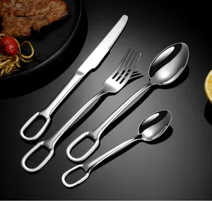 Stainless steel cutlery set detail, 304 material knife fork and spoon with hanging hole.