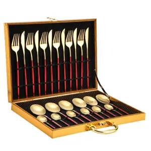 Stainless steel cutlery set 24pcs gold red tableware in wooden gift box detail view