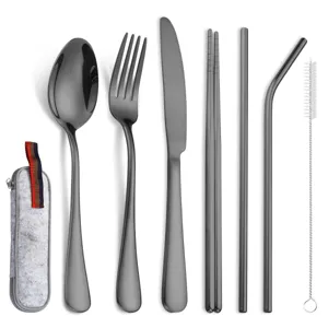 Portable 7-piece stainless steel flatware set with grey storage pouch for travel.