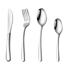 Stainless steel cutlery set including dinner knife fork soup spoon and dessert spoon.