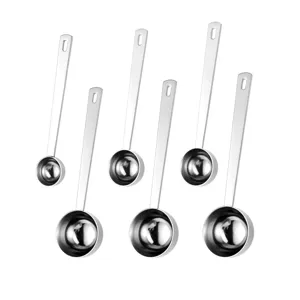 Stainless steel measuring spoons set with long handle for kitchen baking and coffee beans.