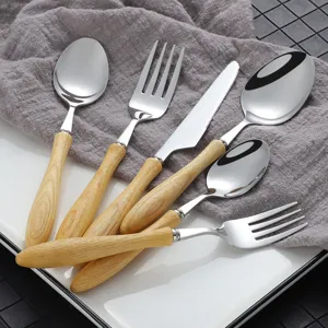 Japanese Style Wooden Handle Cutlery Stainless Steel Dinner Fork Spoon Knife Dessert Fork Tea Spoon Tableware