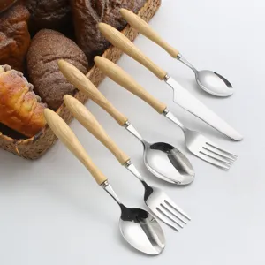 Japanese style wood handle stainless steel cutlery set spoon fork knife table ware kitchen tool