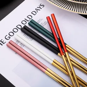 Stainless steel chopsticks set, colorful metal square chopsticks with gold tips for home kitchen.