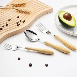 Japanese style white ash wood handle stainless steel fork and spoon kitchen tableware main image