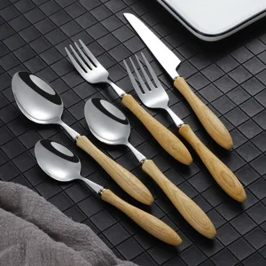 Japanese style stainless steel tableware set with wood grain handle fork spoon knife main image