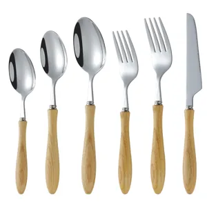 Stainless steel flatware set with wooden handle kitchen tableware knife fork and spoon 6pcs