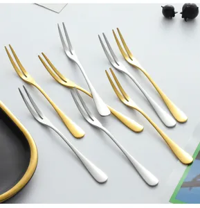 Edelstahl Zweizinken Kuchengabeln Set, gold und silber Fruchtgabeln fuer Party und Haushalt.