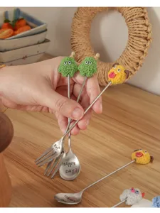 Stainless steel cute cartoon animal stirring spoon and fork set for coffee and desserts.