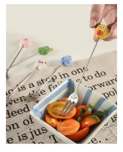 Cute cartoon stainless steel fruit fork and stirring spoon set, funny design for home party.