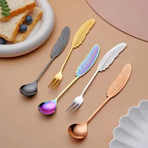Cuillère à Café et Fourchette à Fruits en Acier Inoxydable Poignée Plume Vaisselle de Dessert Outil de Cuisine