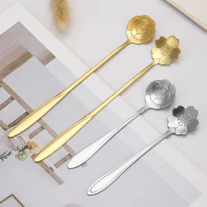 Gold and silver stainless steel flower spoons, long handle cherry blossom and rose dessert stirring spoons.