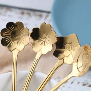 Gold stainless steel flower coffee spoons, cute cherry blossom dessert stirring spoons set.