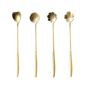 Gold flower stainless steel long handle coffee spoon dessert stirring spoon set of 4
