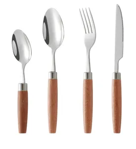 Stainless steel flatware set with wooden handle, featuring dinner knife, table fork and spoons.