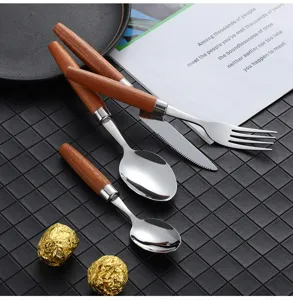 Sapele wood handle 304 stainless steel cutlery set knife fork spoon detail view
