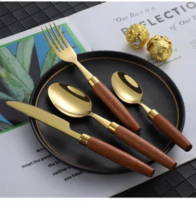 Stainless steel cutlery set with wood handle, gold flatware knife fork spoon for kitchen.