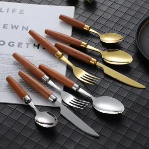 Stainless steel cutlery set with wooden handle knife fork spoon for kitchen dining table