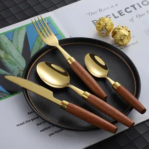 Stainless steel cutlery set with wooden handle knife fork spoon for kitchen dining table main