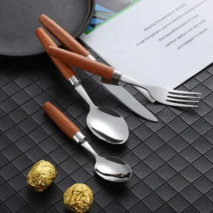 Sapele wood handle stainless steel cutlery set fork spoon knife kitchen tableware