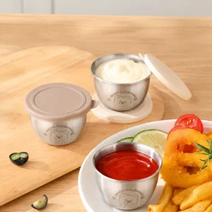 Stainless steel dipping sauce cups with lids, 100ml small condiment bowls for kitchen.