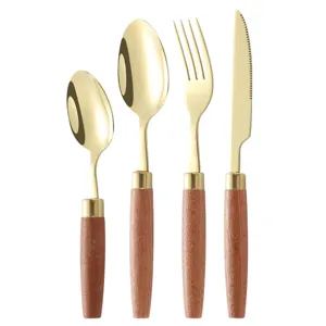 Stainless Steel Cutlery Set Golden Flatware with Wooden Handle Knife Fork Spoon Tableware